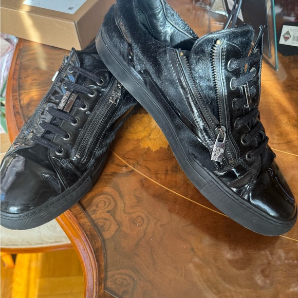 Versace Collection Black Pony Hair Patent Leather Lace Zip-Up sneakers Sz 45